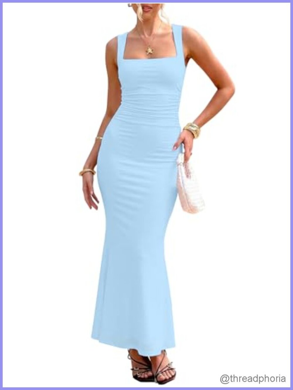 Square Neck Ruched Bodycon Maxi Dress Sleeveless Cocktail Formal